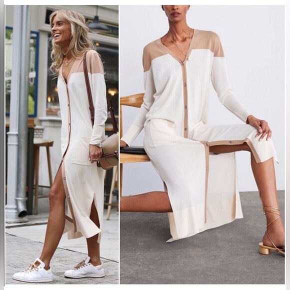 Zara full length duster cream and tan long cardigan size M - Picture 1 of 11